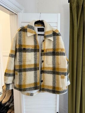 AllSaints Cream, Mustard & Gray Plaid Wool Jacket size 10